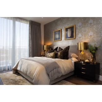 Contemporary Bedroom Design With A King Size Bed And Patterned Wallpaper