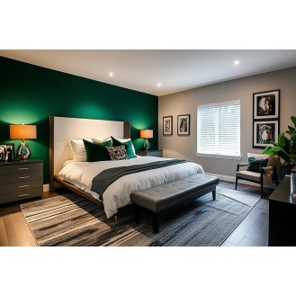 Contemporary Emerald Green Master Bedroom Design With White And Grey Accent Wall