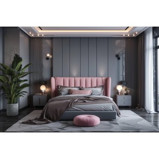 Contemporary Grey And Pink Master Bedroom Design With Grey Fluted Wall Panelling