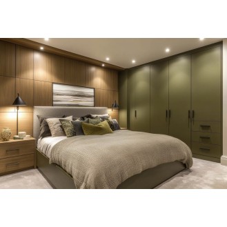 Contemporary Master Bedroom Design With 6-Door Olive Green Wardrobe