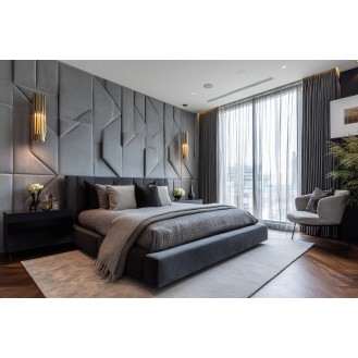 Contemporary Master Bedroom Design With Grey Patterned Wall Panelling