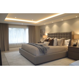 Contemporary Master Bedroom Design with Grey Upholstered Bed