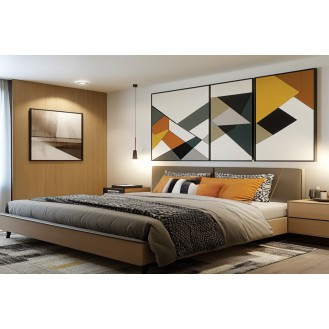 Contemporary Master Bedroom Design with Queen Bed and Geometric Art
