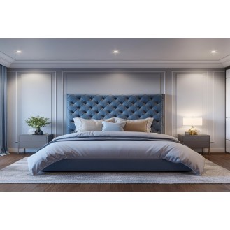 Modern Master Bedroom Design With King Bed and Blue Tufted Headboard