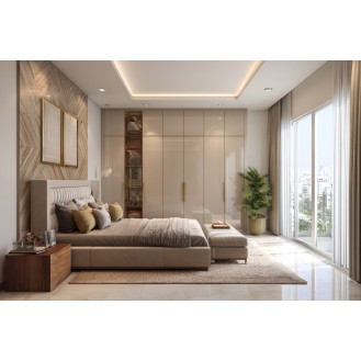 Modern Master Bedroom Design With Tall Beige Storage Unit