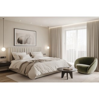 Modern Master Bedroom Design with Green Accent Chair and Round Table