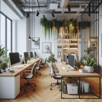 Modern open-concept office workspace design elements