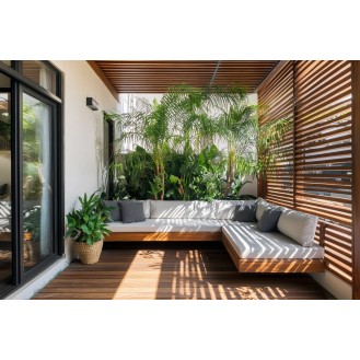 Tropical Balcony Design with Wooden Slats, L-Shaped Bench and Greenery Tropical Balcony Design with Wooden Slats, L-Shaped Bench and Greenery