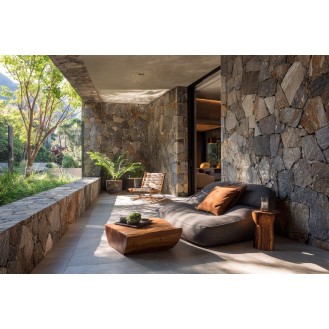 Modern Balcony Design with Wooden Slats, Vertical Garden, and Wicker Chair Modern Balcony Design with Wooden Slats, Vertical Garden, and Wicker Chair