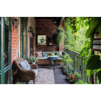 Rustic Balcony Design with Exposed Red Brick Wall and Greenery Rustic Balcony Design with Exposed Red Brick Wall and Greenery