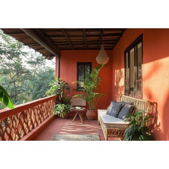 Traditional Balcony Design with Terracotta Walls and Rattan Seating Traditional Balcony Design with Terracotta Walls and Rattan Seating