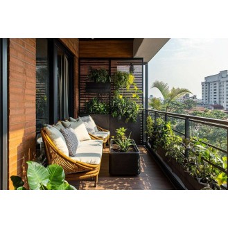 Industrial Balcony Design with Dark Metal Planters and Rattan Seating Industrial Balcony Design with Dark Metal Planters and Rattan Seating