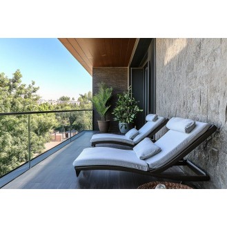 Contemporary Balcony Design with Textured Walls and Lounge Chair Contemporary Balcony Design with Textured Walls and Lounge Chair