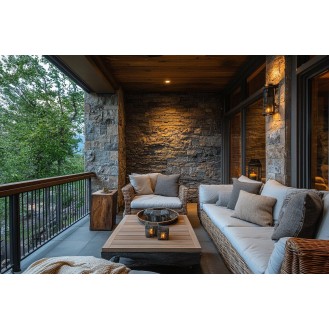 Rustic Balcony Design with Stacked Stone Wall and Warm Wood Accents Rustic Balcony Design with Stacked Stone Wall and Warm Wood Accents
