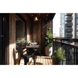 Industrial-Style Balcony Design with Wooden Wall Panels Industrial-Style Balcony Design with Wooden Wall Panels