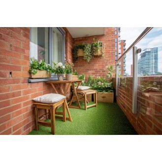 Contemporary Balcony Design with Brick Wall, Artificial Grass and Plants Contemporary Balcony Design with Brick Wall, Artificial Grass and Plants