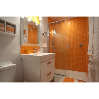 Orange And White Small Bathroom Idea With A Shower Area Orange And White Small Bathroom Idea With A Shower Area