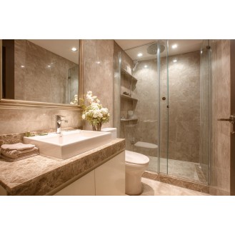 Contemporary Beige Small Bathroom Design With Marble Countertop Contemporary Beige Small Bathroom Design With Marble Countertop