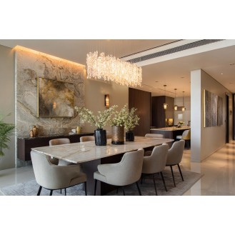 Contemporary Dining Room Design with Marble Table and Accent Wall