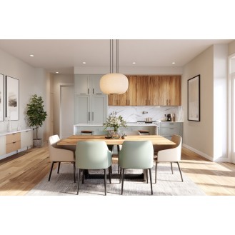 Contemporary Dining Room Design With Two-Tone Chairs and Cabinetry