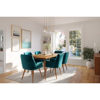 Mid-Century Modern Dining Room Design with Teal Velvet Chairs
