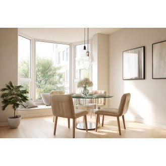 Modern Dining Room Design with Round Glass Table and Leather Chairs