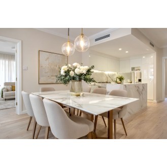 Contemporary Dining Room Design With Marble Table and Taupe Chairs