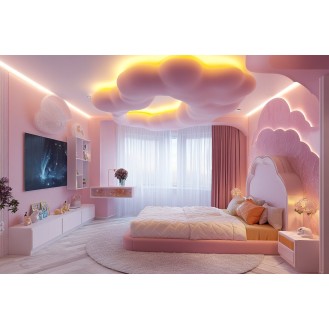 Art Deco Pink And White Kids Room Design For Girls With Cloud POP Ceiling Art Deco Pink And White Kids Room Design For Girls With Cloud POP Ceiling