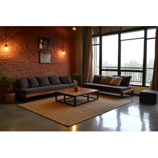 Industrial Living Room Design with Textured Sofa and Brick Accent Walls