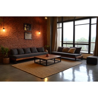 Industrial Living Room Design with Textured Sofa and Brick Accent Walls