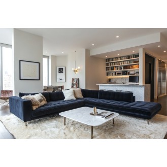 Modern Living Room Design with Dark Blue L-Shaped Sofa and Marble Table