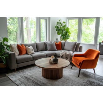 Contemporary Living Room Design with Grey Sofa and Orange Accent Chair