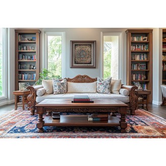 Transitional Living Room Design with Regal Wooden Sofa