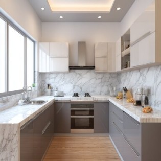 Modern U Shaped Kitchen Design with Two-Tone Cabinetry and Marble Countertop