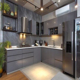 Contemporary L-Shaped Kitchen Design With Grey Storage Cabinets