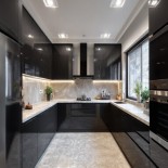 Modern High Gloss U-Shaped Kitchen Design in Black With Marble Accents