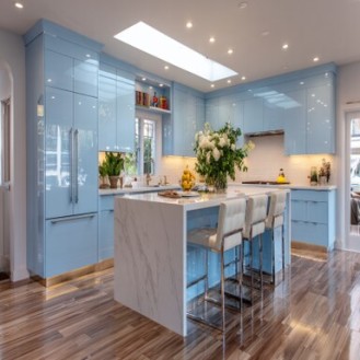 Celestial Blue Modern Open Kitchen Design with Glossy Cabinets and Quartz