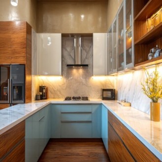 Modern U-Shaped Kitchen Design with Glass Cabinets and Quartz Counter