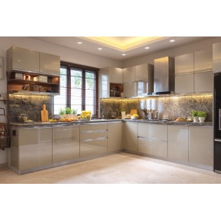 Contemporary L Shaped Kitchen Design with Granite Countertops and High Gloss Finish
