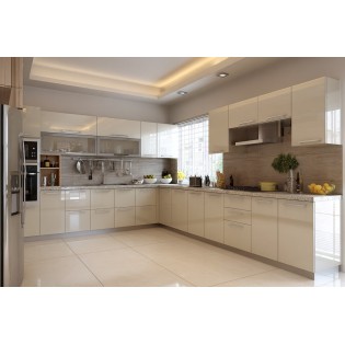 Cream Contemporary L Shape Kitchen Design With Granite Countertop And Corner Pantry Drawers