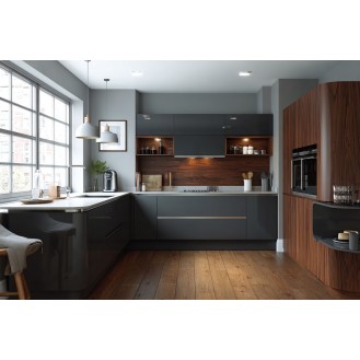 Grey and Walnut Contemporary L Shape Kitchen Design with Extensive Cabinetry