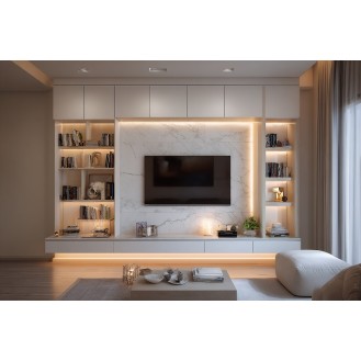 Modern White TV Unit Design With Open And Closed Storage Modern White TV Unit Design With Open And Closed Storage