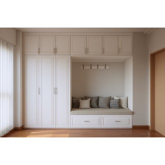 Contemporary White Swing Wardrobe Design with Seating and Loft Contemporary White Swing Wardrobe Design with Seating and Loft