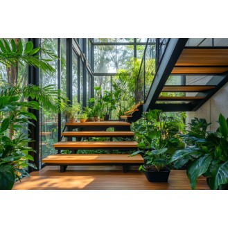Tropical L-Shaped Staircase Design with Metal and Wood Materials Tropical L-Shaped Staircase Design with Metal and Wood Materials