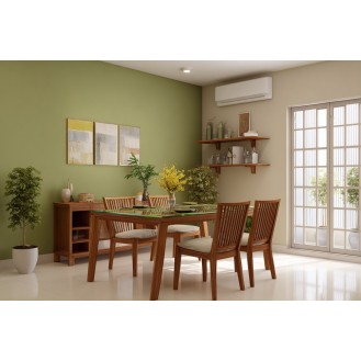 Bold Beige and Olive Green Wall Colour Combination for Dining Room with Glass Table and Wooden Chairs