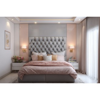 Small Grey and Peach Wall Colour Combination for Bedroom with Tufted Headboard and Wall Lamps
