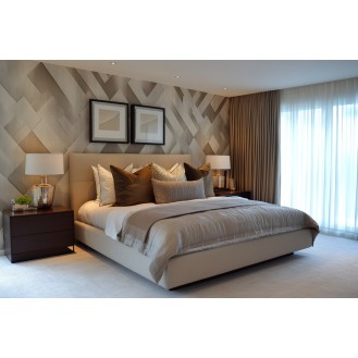Contemporary Bedroom Wall Design With Geometric Wallpaper And Wall Panelling