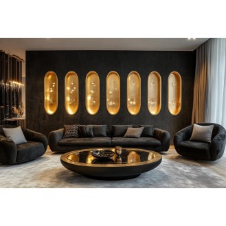 Contemporary Living Room Wall Design With Gold Oval-Shaped Inserts