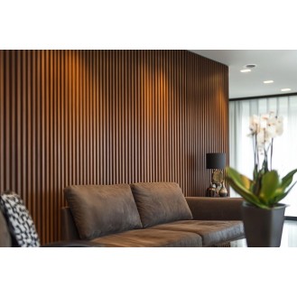 Modern Living Room Wall Design With Brown Wooden Fluted Panels